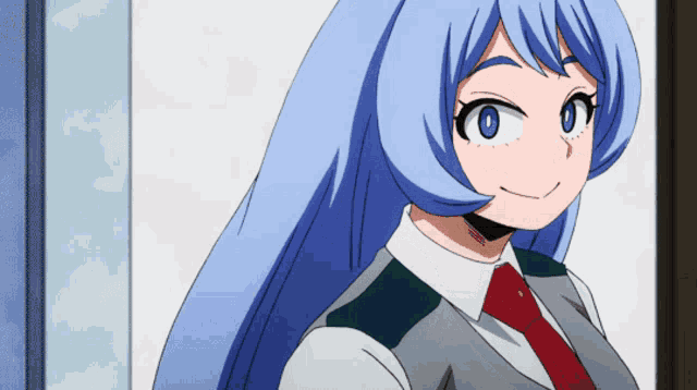 a girl with long blue hair and a red tie