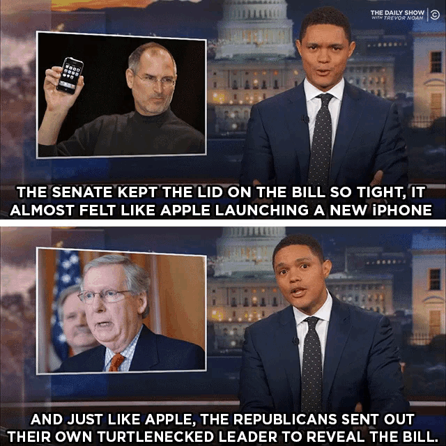 a screenshot from the daily show shows a man in a suit and tie