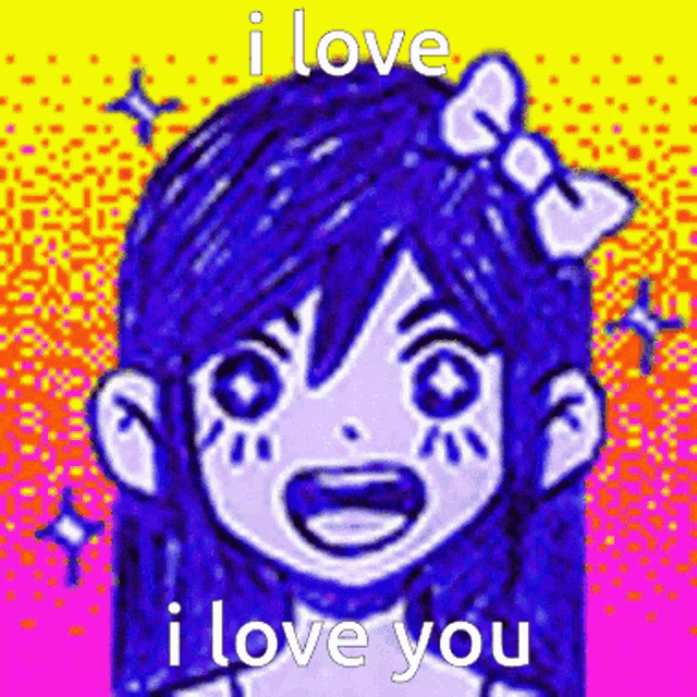 a pixel art of a girl with blue hair and a bow on her head .