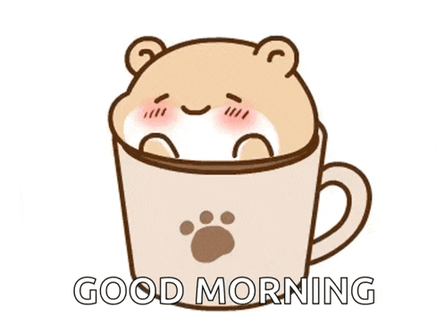 a cartoon of a bear in a cup of coffee with the words good morning written below it