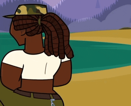 a cartoon character with dreadlocks is wearing a camouflage hat and looking out over a body of water