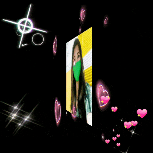 a woman wearing a green face mask is surrounded by pink hearts and the word good