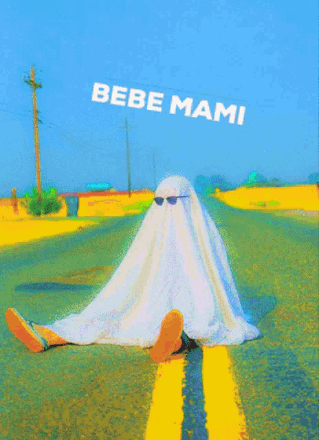 a ghost is sitting on the side of the road with the words bebe mami written above him