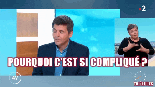 a man in a suit is on a television screen with the words " pourquoi c'est si complique " on it