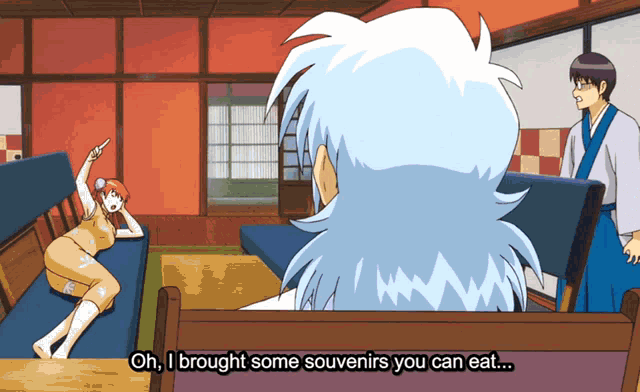 a cartoon character says oh i brought some souvenirs you can eat in a room
