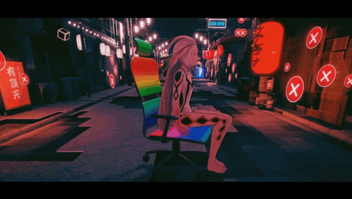 a girl is sitting in a chair in front of a sign that says asian food