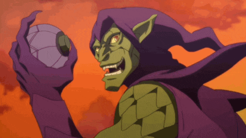 a green goblin with a purple cape is holding a ball