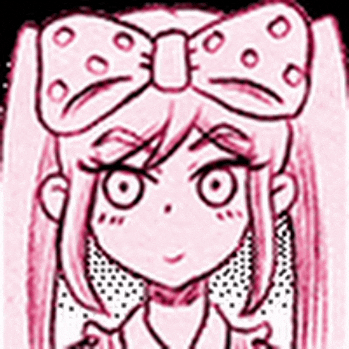 a drawing of a girl with pink hair and a pink bow on her head .