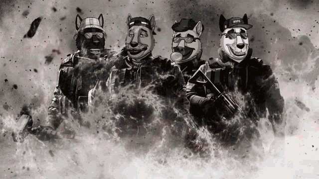 a black and white photo of four cartoon animals with one wearing a hat that says ' snp ' on it