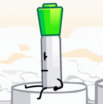 a green marker with arms and legs is sitting on a white cylinder