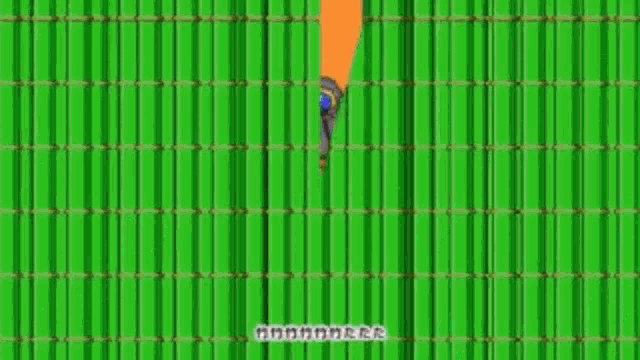 a cartoon character is standing in front of a green bamboo fence with a striped background .
