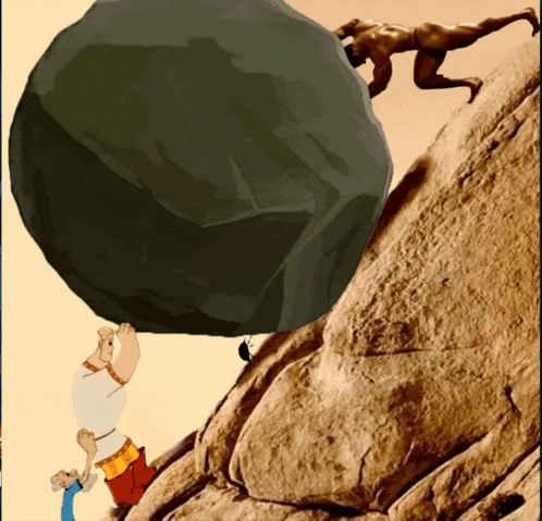 a man pushing a large rock up a hill