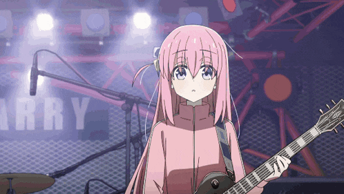 a girl with pink hair is holding a guitar in front of a sign that says " arry "