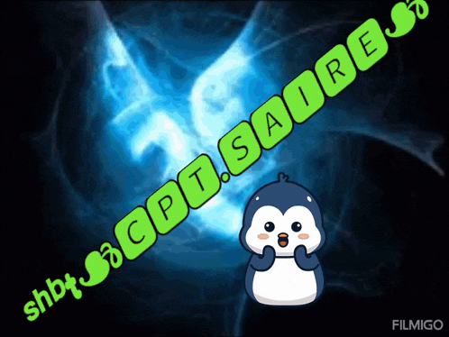 a penguin is standing in front of a sign that says cpt saire