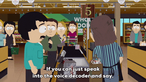 a cartoon of people in a grocery store with the words if you can just speak into the voice decoder and say on the bottom