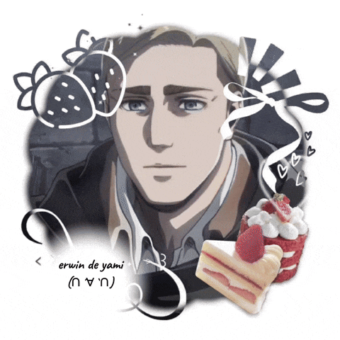 a drawing of a man with strawberries and a piece of cake with the name erwin de yami