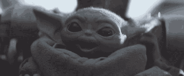 a baby yoda is sitting in a blanket and looking at the camera in a black and white photo .