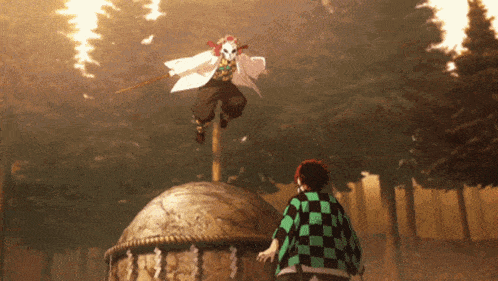 a man in a black and white checkered shirt is standing next to a man with a sword in the air .