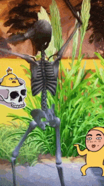 a cartoon of a skeleton with a sticker of a skull behind it