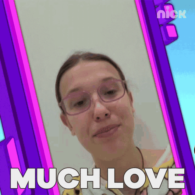 a picture of a woman with glasses and the words much love behind her