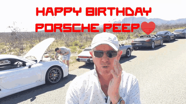 a man stands in front of a row of porsche cars with the words happy birthday porsche peep above him