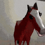 a red horse with a white face is standing in front of a white wall