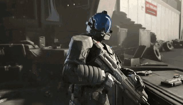 a soldier with a helmet and a gun stands in front of a building with a red sign that says last warning