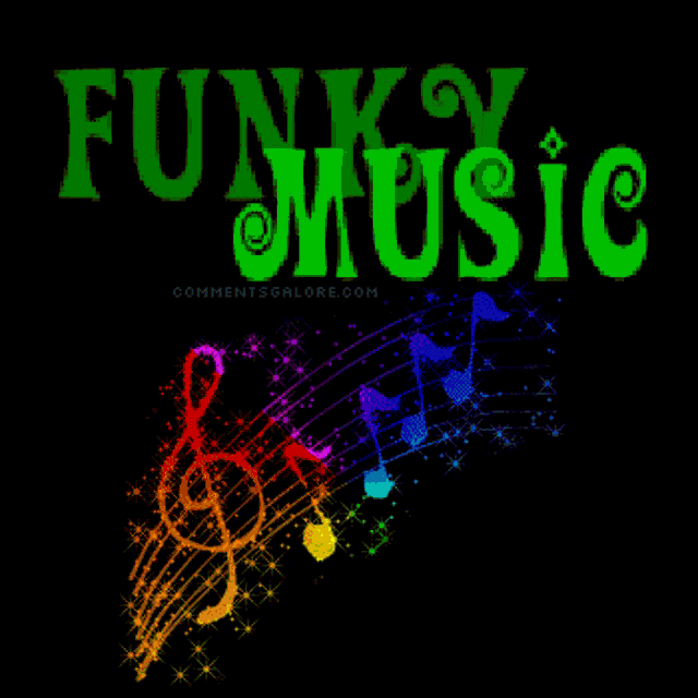 a poster that says funky music with a treble clef