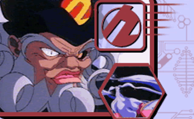 a cartoon drawing of a man with a beard wearing a hat with the letter z on it