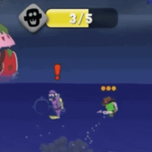 a cartoon character is swimming in the water with an umbrella and a yellow sign that says 3/5