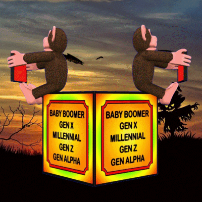 two stuffed monkeys sitting on top of a box that says baby boomer