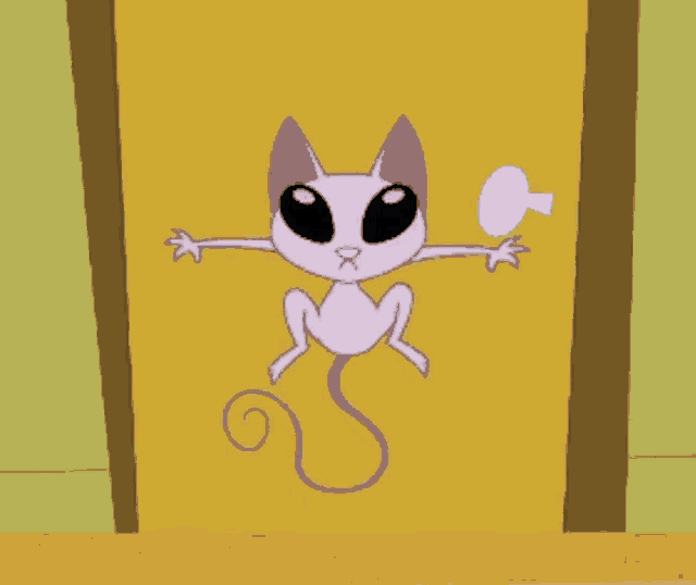a cartoon cat with a long tail is standing in front of a yellow wall