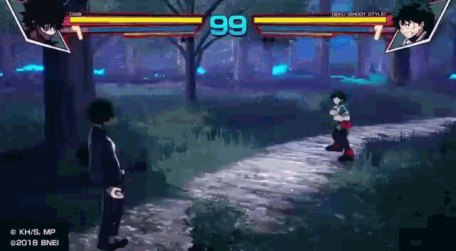 two anime characters are fighting in a video game with the number 99 on the screen