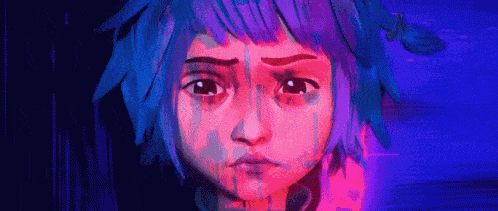 a close up of a cartoon character 's face with a tear running down her face .