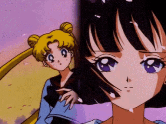 two anime girls are standing next to each other and one has purple eyes