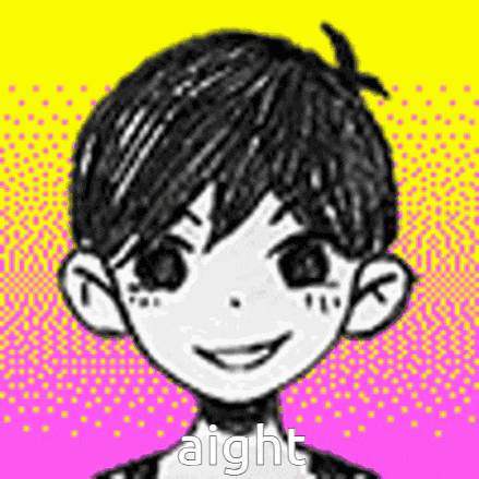 a black and white drawing of a boy with a smile on his face on a yellow and pink background .