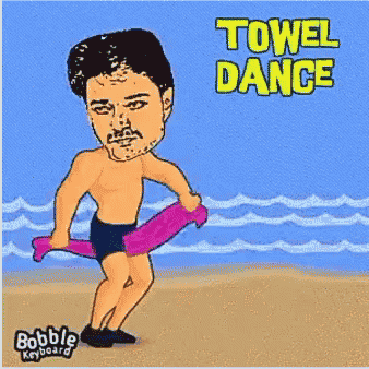 a cartoon of a shirtless man holding a pink towel with the words towel dance below him