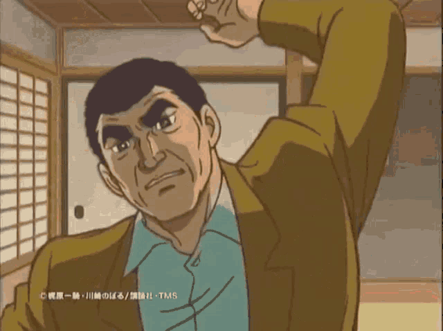 a cartoon of a man stretching his arms in a room