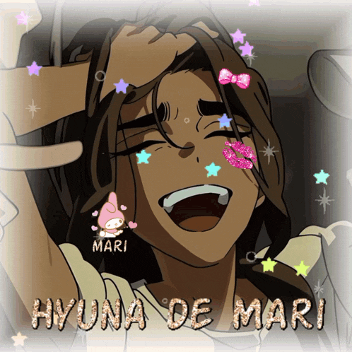a picture of hyuna de mari is surrounded by stars