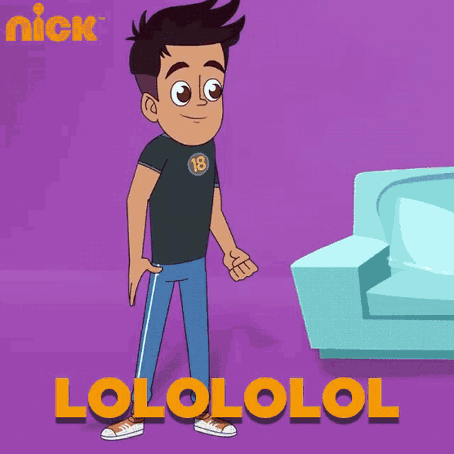 a cartoon of a man pointing at a couch with the words lollololol written below him