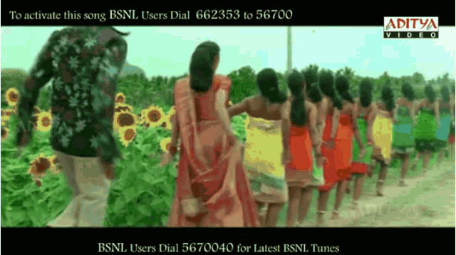 an ad for aditya video shows a group of people walking in a field of sunflowers