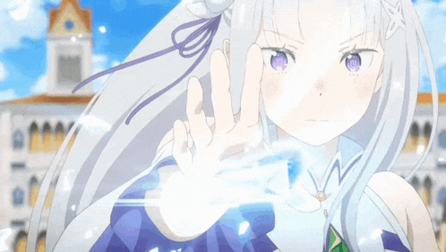a girl with white hair and purple eyes is holding something