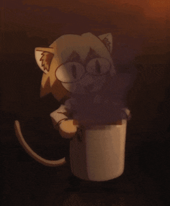 a drawing of a cat holding a cup of coffee in a dark room