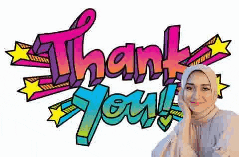 a woman is standing in front of a thank you sign .