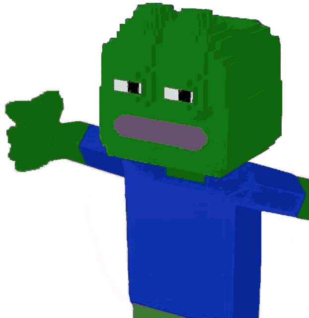 a pixelated frog wearing a blue shirt and giving a thumbs up