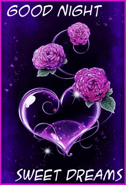 a good night sweet dreams card with purple flowers in a heart