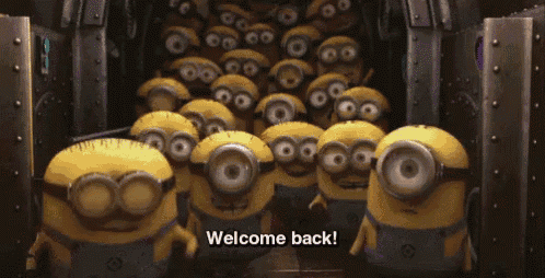 a bunch of minions are standing next to each other with the words welcome back written on the bottom