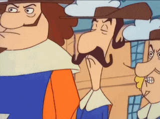 a cartoon of a man with a mustache standing next to two other men