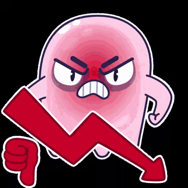 a cartoon ghost with an angry face holding a red arrow pointing down
