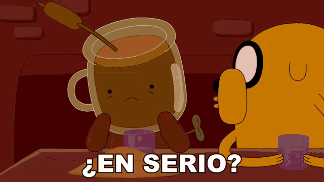 a cartoon of a cup with a sad face and the words en serio
